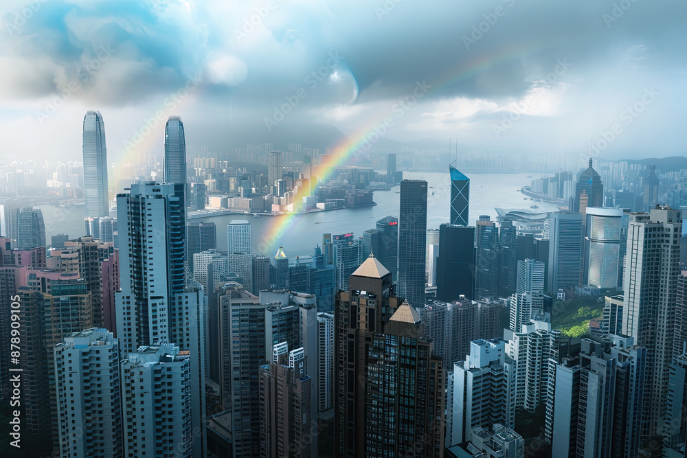 Rainbow Arcing Over Urban Skyline Rainbow Arcing Over Urban Skyline