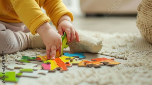 Baby Plays with Colorful Puzzle on a Soft Rug