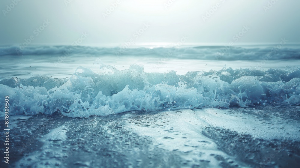 A wave breaks on the sandy beach at sunset A wave breaks on the sandy beach at sunset
