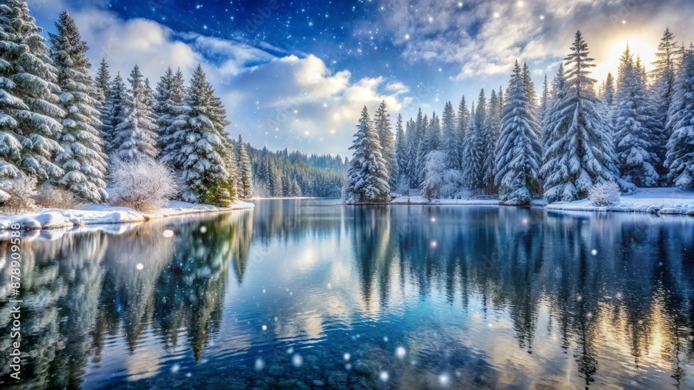 Obraz premium Snowflakes gently fall on serene frozen lake surrounded by snow-covered evergreen trees in a peaceful winter wonderland scenery.