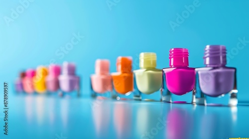 Group of bright nail polishes on blue background