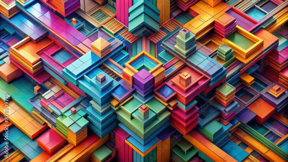 Vibrant intersecting parallelograms in bold colors, fragmented and layered at dynamic angles, evoke a sense of futuristic urban momentum.