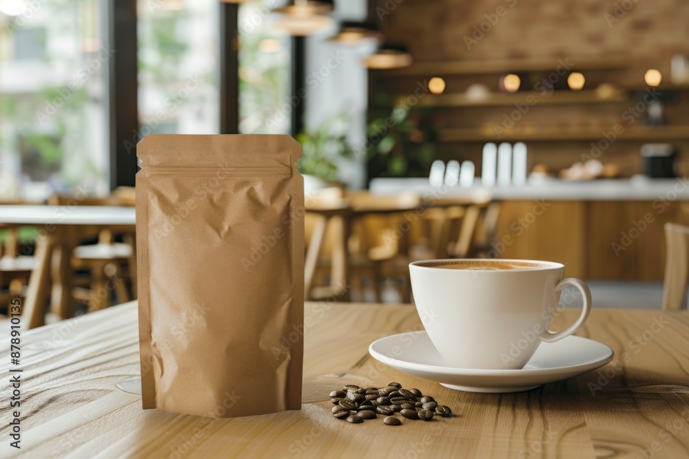 Coffee package with cup in café background. Coffee package with cup in café background.
