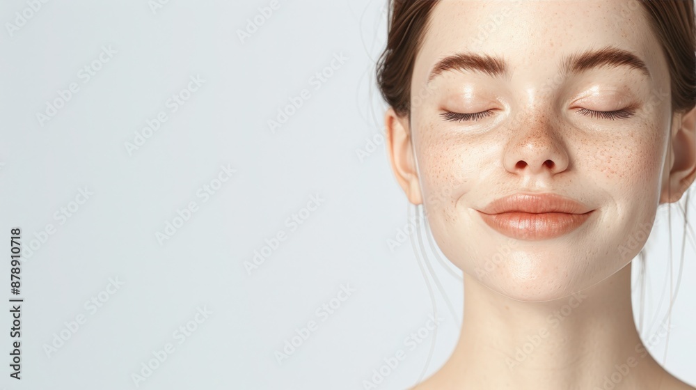 Close-up of serene young woman with clear skin, natural makeup. Beautiful skincare concept with calm expression, white background. Close-up of serene young woman with clear skin, natural makeup. Beautiful skincare concept with calm expression, white background.