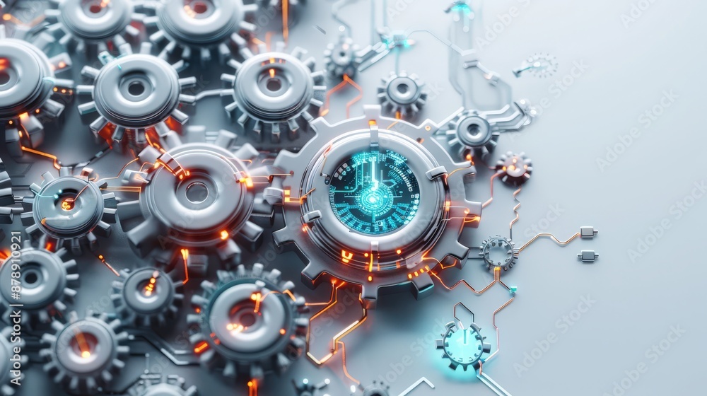 Fototapeta premium Futuristic mechanical gears interlocking seamlessly, representing advanced technology and engineering precision in a modern design.