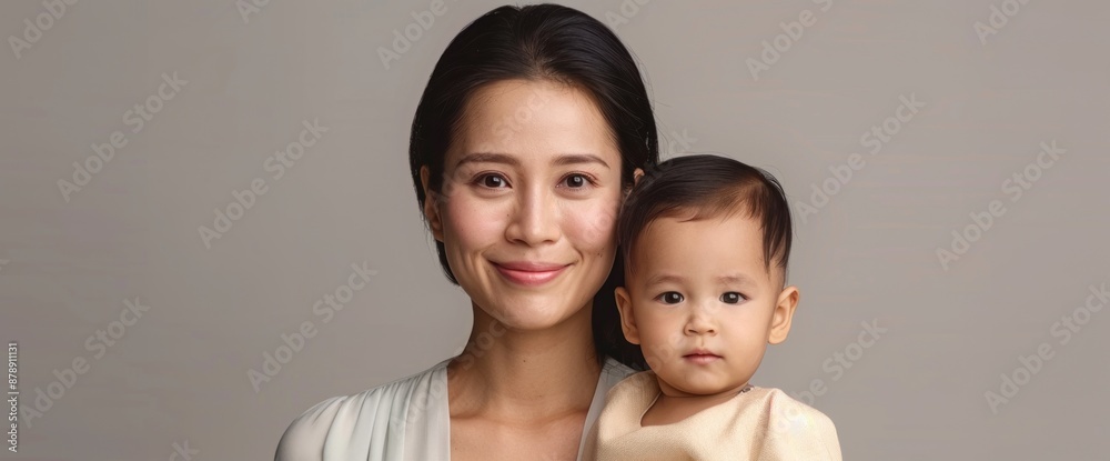 Thai mother in traditional attire, holding a child, natural lighting, clear white background, copy space