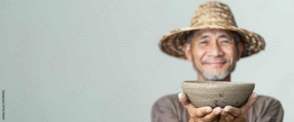 Fototapeta premium Thai potter in traditional attire, holding pottery, natural lighting, clear white background, copy space