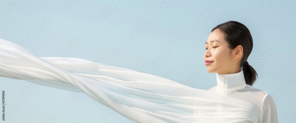 Thai silk weaver in traditional dress, holding silk fabric, natural lighting, clear white background, copy space Thai silk weaver in traditional dress, holding silk fabric, natural lighting, clear white background, copy space