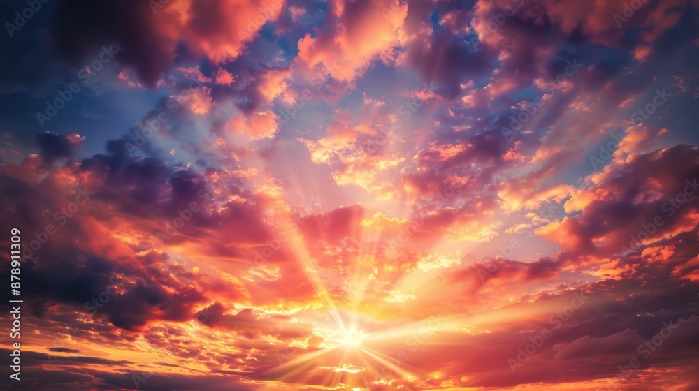 Naklejka premium Vibrant Sunset Sky with Dramatic Clouds