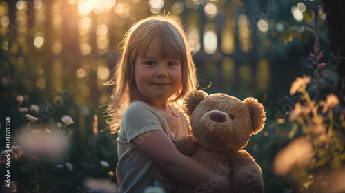 Happy little girl with teddy bear in a sunlit garden, golden hour, magical childhood moment with copy space