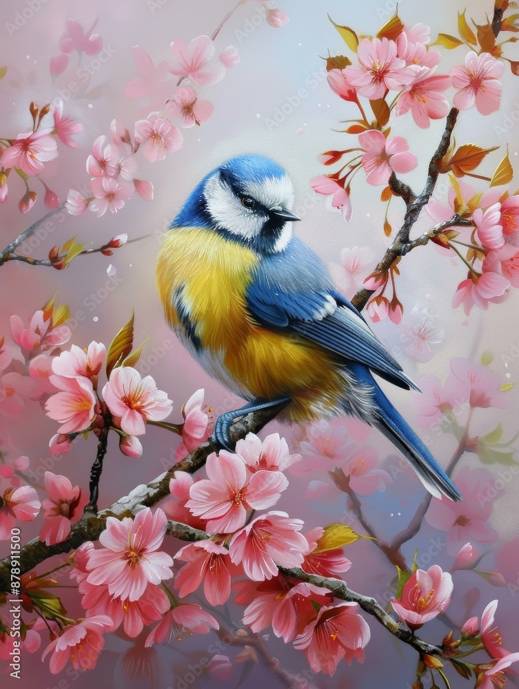 Fototapeta premium A blue tit bird with yellow breast sits on a branch of blooming pink cherry blossoms