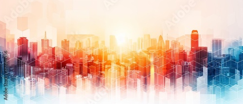 Vibrant digital illustration of a modern city skyline at sunrise, blending technology with urban architecture, ideal for innovative themes.