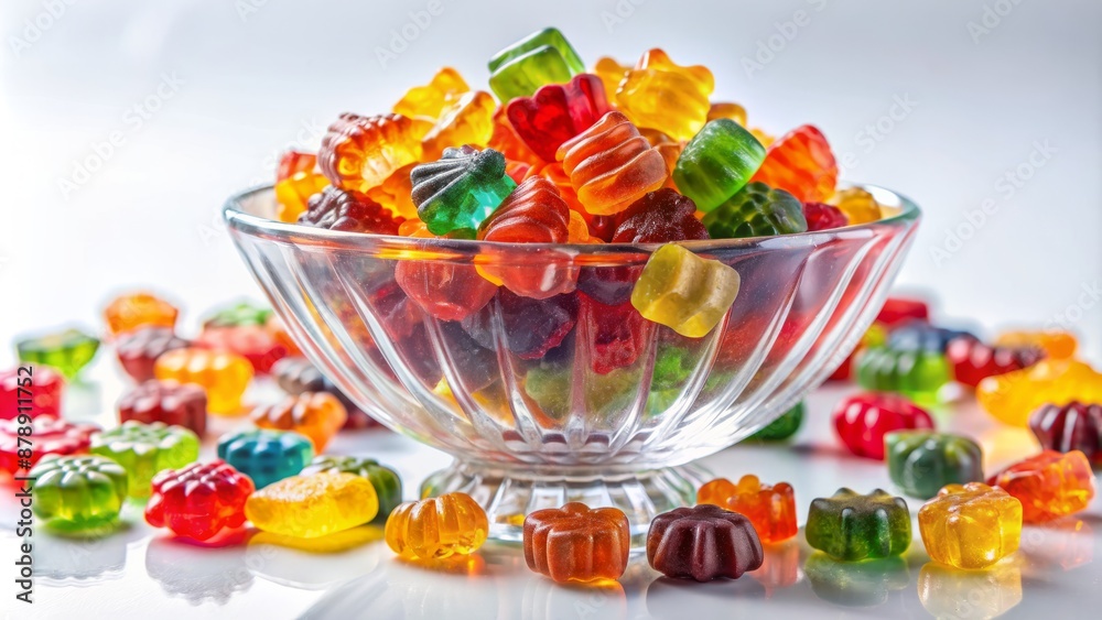 Vibrant colorful gummies overflow from a delicate crystal bowl, sparkling against a soft white background, evoking a sense of playful indulgence. Vibrant colorful gummies overflow from a delicate crystal bowl, sparkling against a soft white background, evoking a sense of playful indulgence.