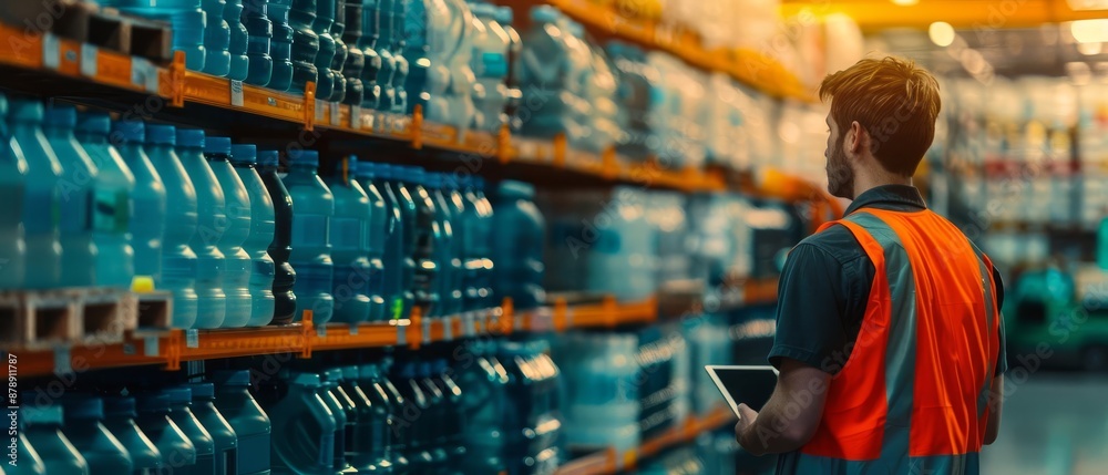 Warehouse worker in a safety vest using a digital tablet to manage inventory in a large industrial storage facility with stacked shelves. Warehouse worker in a safety vest using a digital tablet to manage inventory in a large industrial storage facility with stacked shelves.