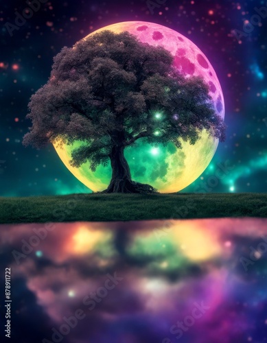 decoration illustration design colours rainbow ai shape art circle life wood displayed tree night moon vector photo