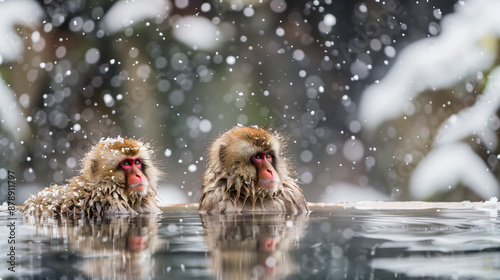 Snow Monkeys Relaxing in the Hot Springs of Jigokudani