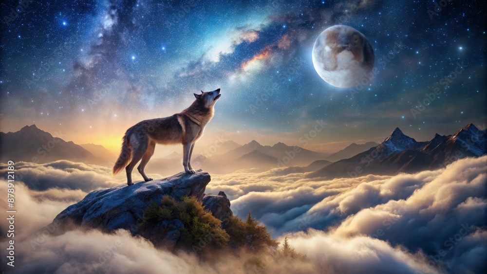 A majestic solitary wolf standing atop a misty mountain peak, letting out a haunting howl towards the starry night galaxy sky. A majestic solitary wolf standing atop a misty mountain peak, letting out a haunting howl towards the starry night galaxy sky.