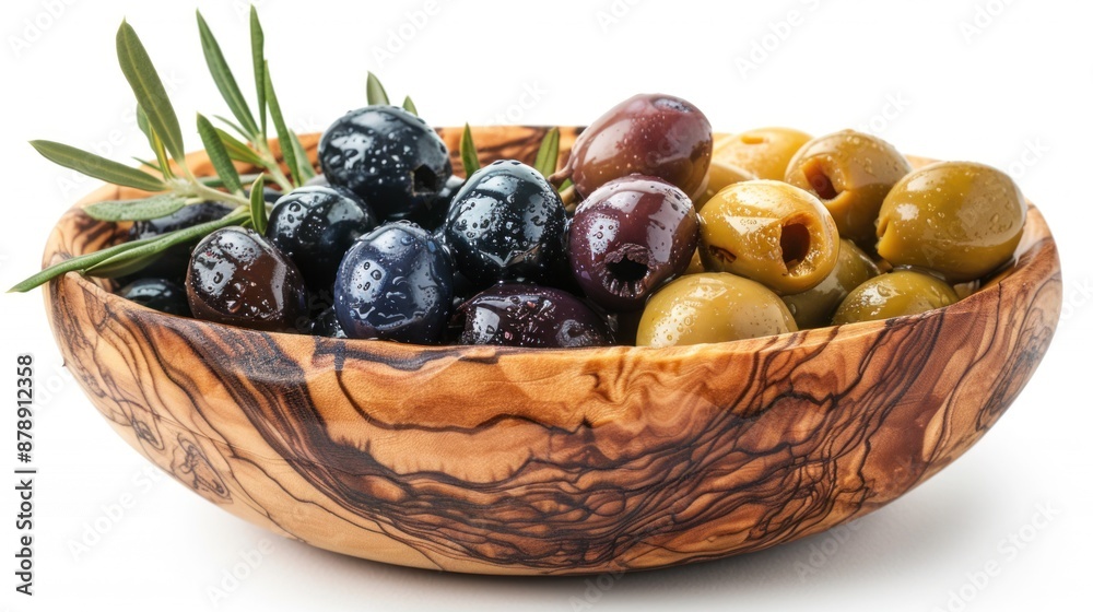 Olives in a Wooden Bowl with Olive Branch Olives in a Wooden Bowl with Olive Branch