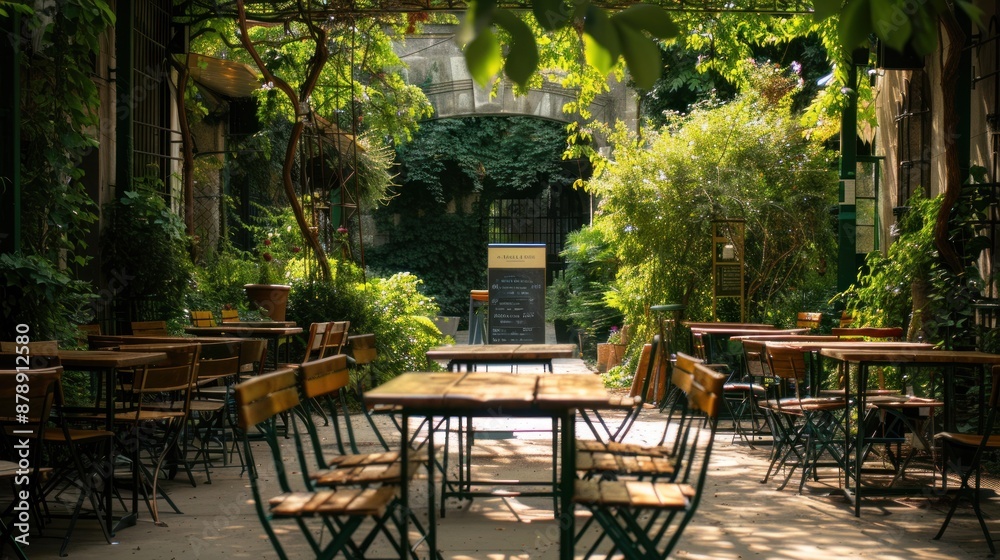 Empty Tables and Chairs in a Sunlit Garden Cafe.
