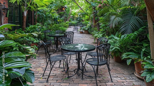 Secluded Patio Tables and Chairs in Lush Tropical Garden. © Iswanto