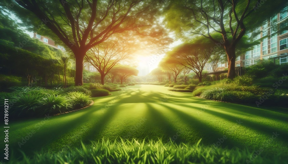 Panoramic close up of green grass with blurred garden background Panoramic close up of green grass with blurred garden background
