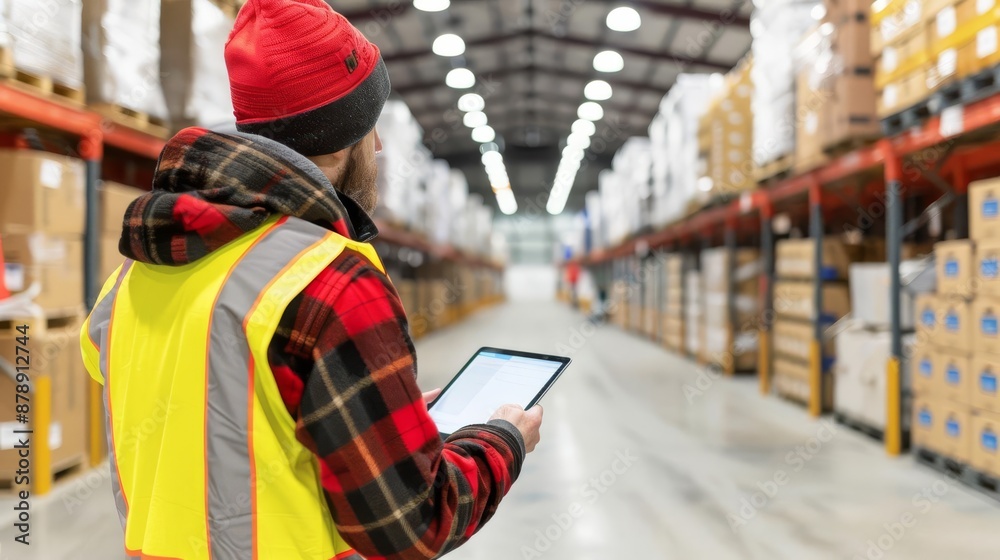 Obraz premium Worker in a warehouse wearing a safety vest and holding a tablet, conducting inventory check among shelves stocked with boxes.