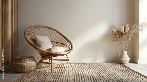 Mock up wall interior Scandinavian style wooden chair carpet and rattan baskey in farmhouse style photo