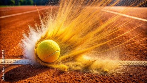 Yellow tennis ball's dramatic impact creates a dynamic shockwave pattern on a freshly groomed red clay tennis court's surface. photo