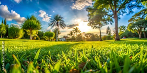 Panoramic close up of green grass with blurred garden background