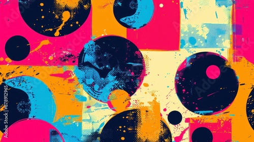 Colorful background with black and white polka dots and paint splatters for fashion and art design