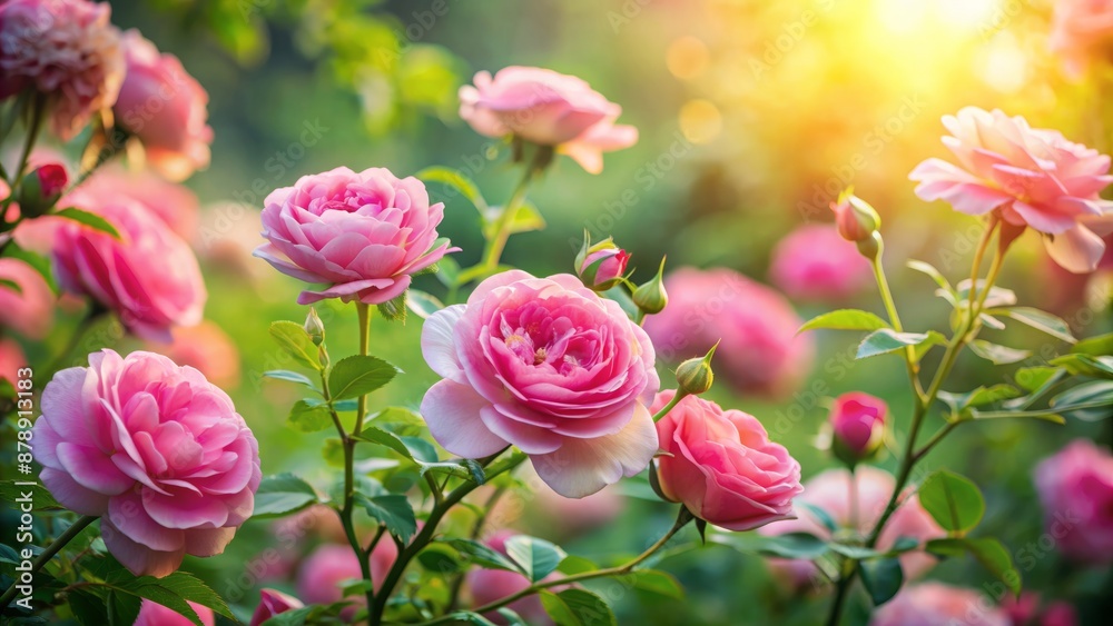 Soft focus capture of lush pink rose blooms amidst delicate greenery in an ethereal, serene, and idyllic garden oasis setting. Soft focus capture of lush pink rose blooms amidst delicate greenery in an ethereal, serene, and idyllic garden oasis setting.