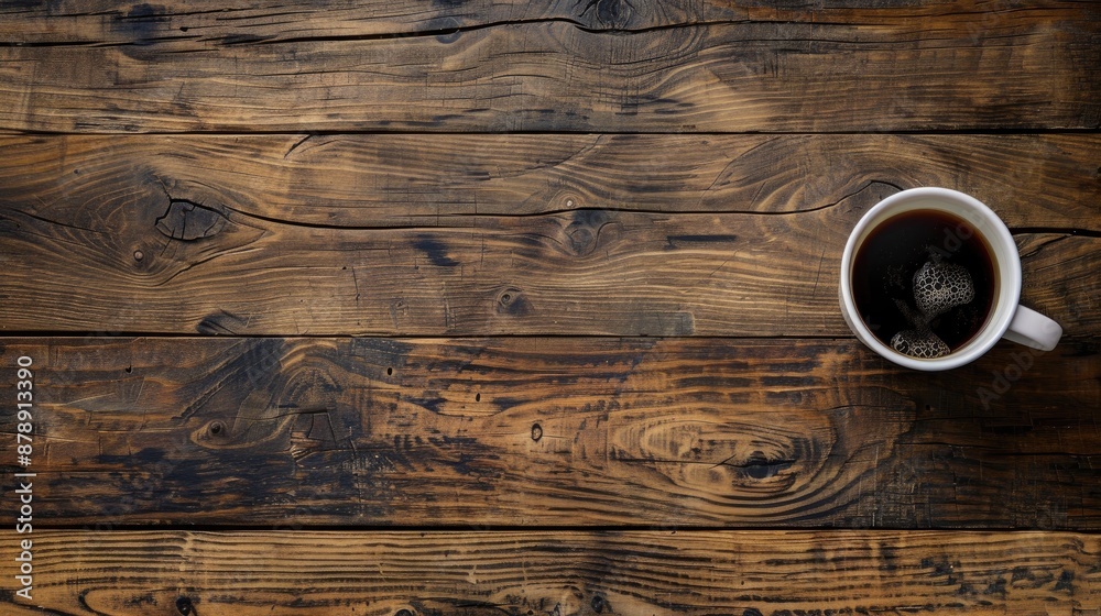 Bird s eye view of coffee cup on wooden table Bird s eye view of coffee cup on wooden table