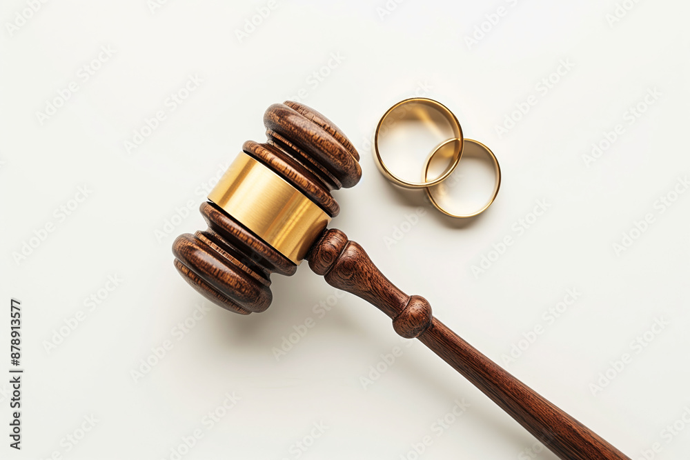 Gavel and wedding rings isolated on white, marriage law concept