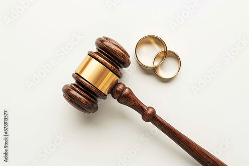 Obraz na płótnie Gavel and wedding rings isolated on white, marriage law concept w salonie
