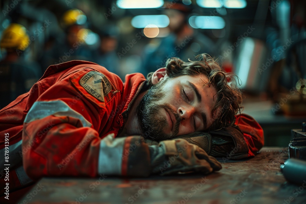Obraz premium Construction miner having a break naps ,sleep during lunch time after working 12 HRS night shift in last 2 weeks and doing day shift change 