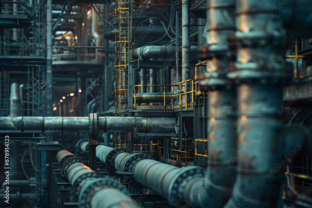 Lots of industry pipelines inside refinery complex. Postproducted generative Lots of industry pipelines inside refinery complex. Postproducted generative