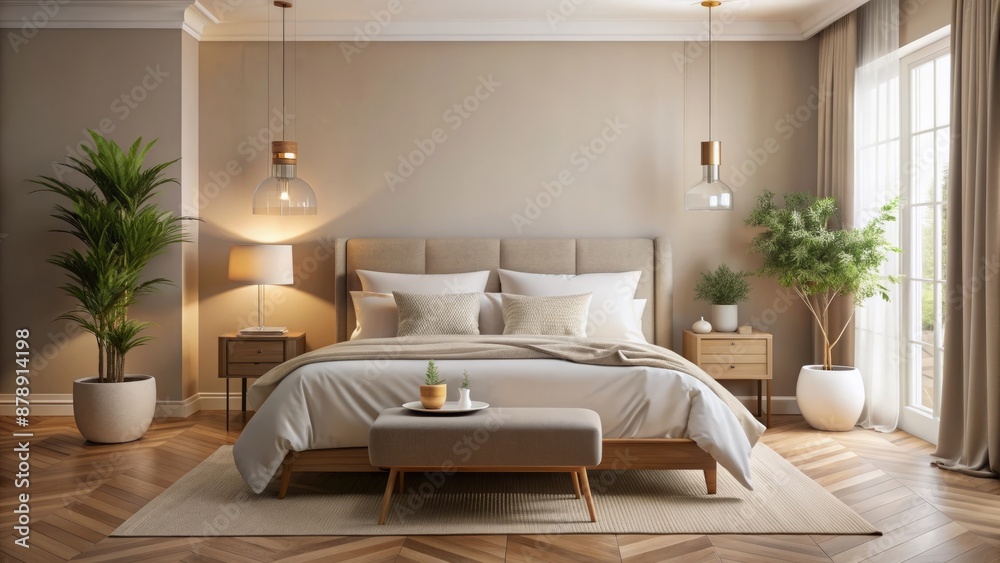 Serene bedroom setting with calming beige walls, plush white duvet, and minimalist decor creates a peaceful atmosphere for relaxation. Serene bedroom setting with calming beige walls, plush white duvet, and minimalist decor creates a peaceful atmosphere for relaxation.
