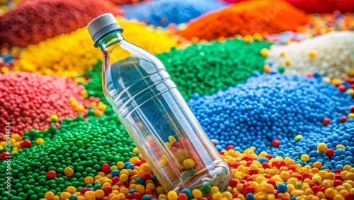 Close-up of transparent plastic bottle surrounded by PVC granulate background, showcasing eco-friendly biodegradable plastic raw material granules in various colors. photo