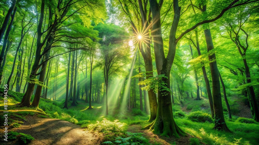 Vibrant green foliage of a lush forest surrounded by tranquil trees, illuminated by dappled sunlight, evoking a sense of serenity. Vibrant green foliage of a lush forest surrounded by tranquil trees, illuminated by dappled sunlight, evoking a sense of serenity.