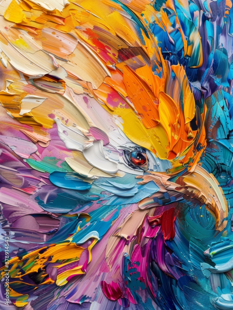 A close-up of an oil painting depicting a vibrant bird's head, with its eye and beak prominently displayed A close-up of an oil painting depicting a vibrant bird's head, with its eye and beak prominently displayed