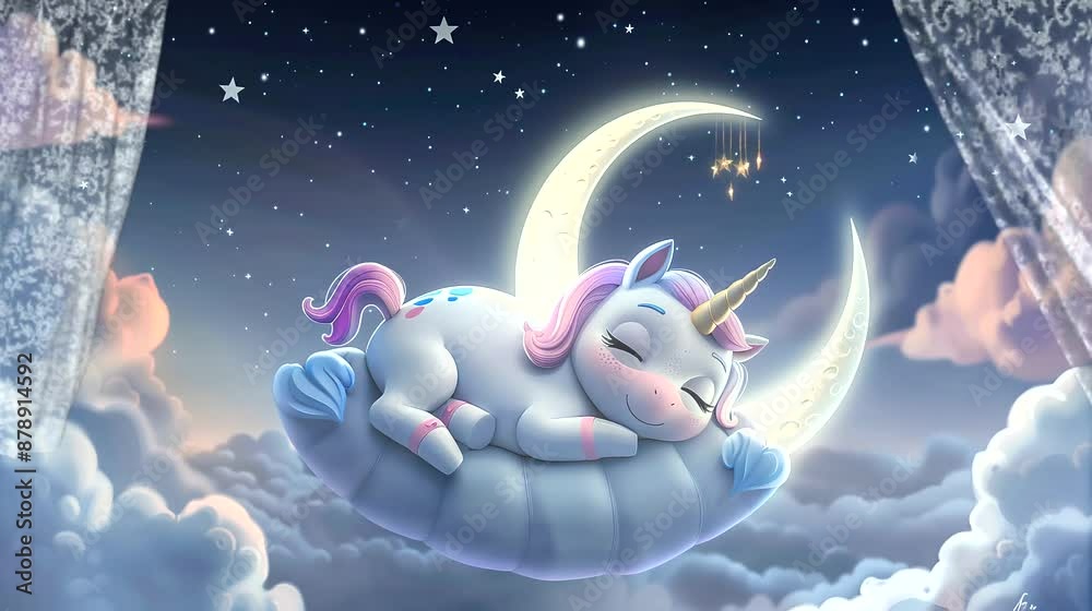 Cute unicorn sleeping on clouds with crescent moon in the sky. Seamless loop video background