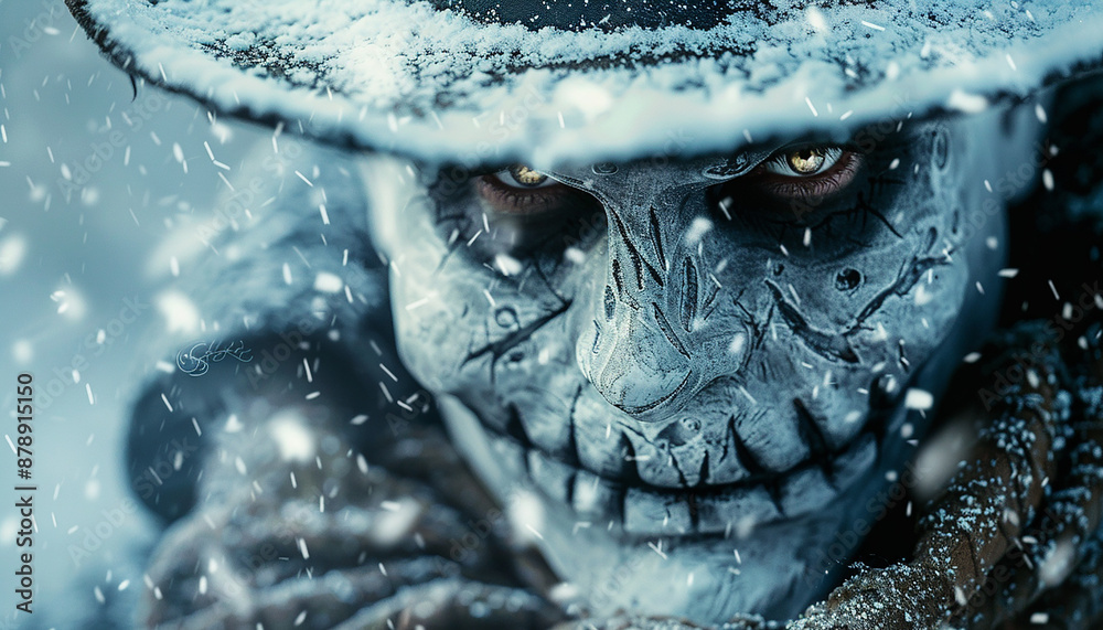 Obraz premium evil snow man dangerous smile standing in snow fall generated by AI