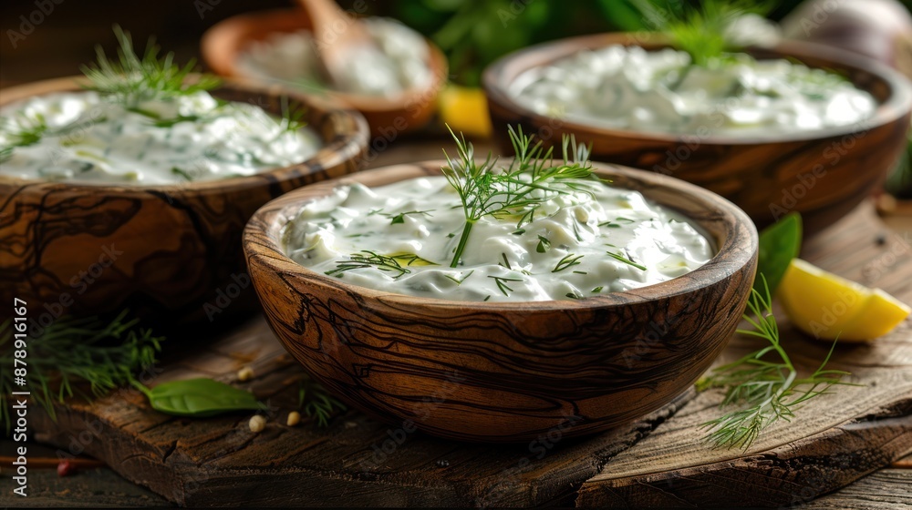 Tzatziki Dip in Wooden Bowl with Fresh Herbs Tzatziki Dip in Wooden Bowl with Fresh Herbs