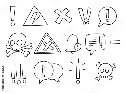 Hand drawn Alert, risk signhand drawn icon set. Caution, warning, exclamation mark