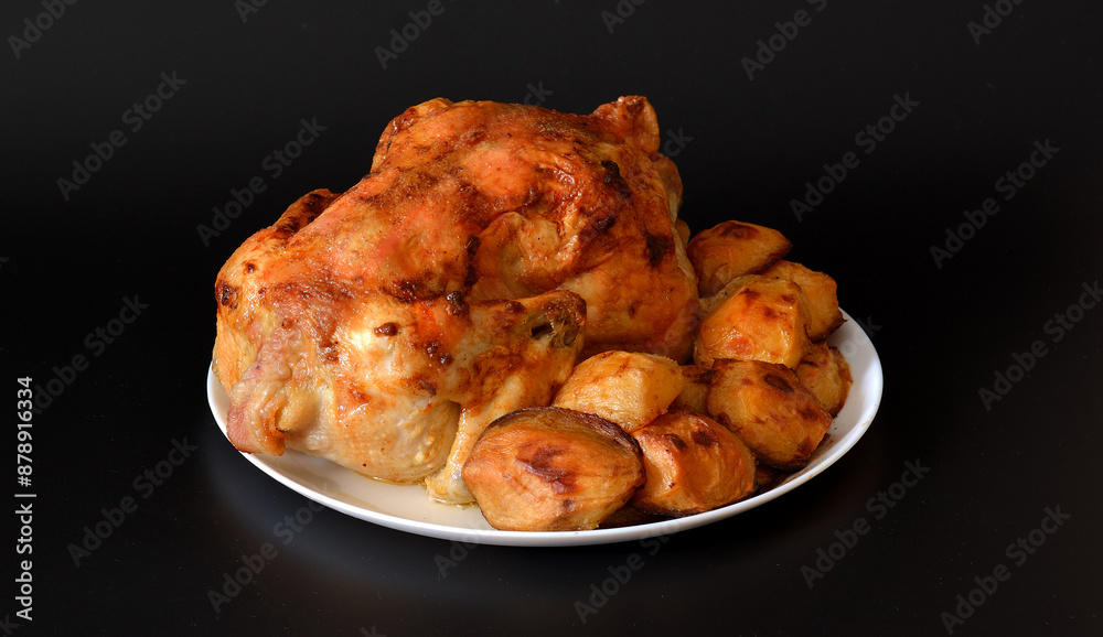 Large round plate with whole baked chicken and new potatoes on a black background. Large round plate with whole baked chicken and new potatoes on a black background.