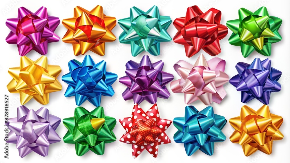 Vibrant multicolor cartoon gift bows and ribbons in various shapes and sizes isolated on white background for festive decorations. Vibrant multicolor cartoon gift bows and ribbons in various shapes and sizes isolated on white background for festive decorations.
