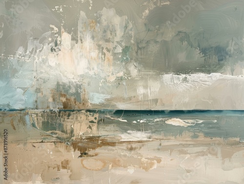 An abstract painting depicting a coastal scene with a blue ocean, sandy beach...