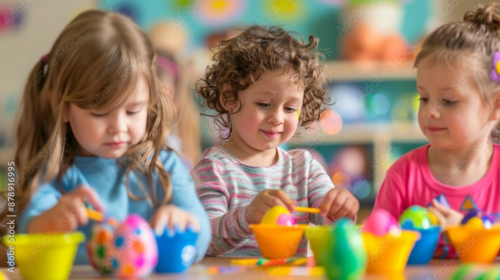 A charming scene of children dyeing Easter eggs with bright, cheerful colors and fun patterns. A charming scene of children dyeing Easter eggs with bright, cheerful colors and fun patterns.