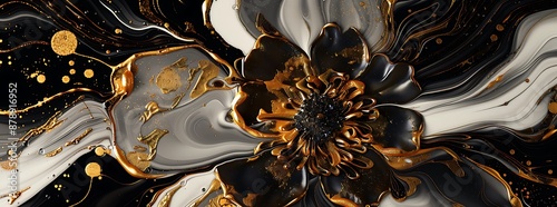 Chic abstract floral motif featuring black, gold, and white colors photo