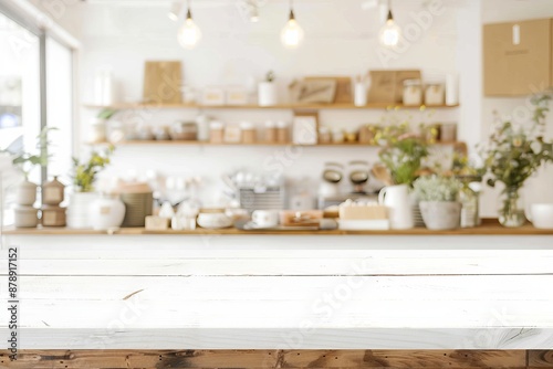 White table with blurred lights in bright interior